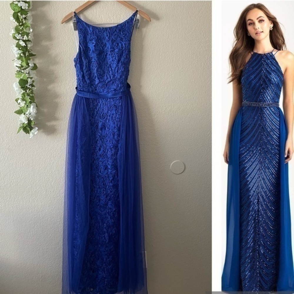 Royal Blue Lace Maxi Dress with Tulle Overlay